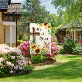 ChloropLastid He Is Risen Garden Flag 12x18 Inch Easter Religious Cross Sunflower Double Sided Outdoor Yard Flag Spring Summer Bunny Flowers Yard Outside Decorations