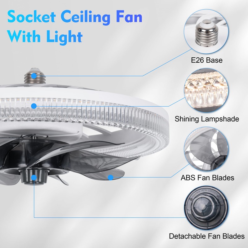 Socket Ceiling Fan Light,Bulb Socket Fan with Remote,Dimmable E26 Base