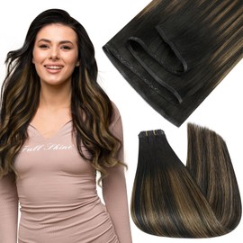 Full Shine Weft Hair Extensions Real Human Hair Color 1B/6/1B Off Black Ombre to Chestnut Brown with Black Sew In Hair Extensions Remy Human Hair Straight Weft Extensions 24 Inch 80 Grams