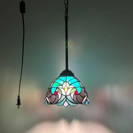 Enjoy Decor Lamps Tiffany Style Mini Hanging Lamp Plug In Green Brown Stained Glass 60”H*8”W*8"D