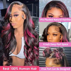 Agairl Highlight Wig Human Hair 1B/Pink 210% Density Ombre Body Wave Lace Front Wigs Human Hair Pink And Black Colored Wig Human Hair Skunk Strip Glueless Wigs 28 Inch