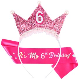 Vovii Birthday Girl Headband with Pearl & Sash Set for 6th Birthday Decorations for Girls, Princess Crown Headband for 6 Year Old Girl Outfit Gift Dress