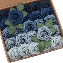 D-Seven Artificial Flower 25 PCS Fake Roses with Stem for DIY Wedding Bouquets Floral Arrangements Wedding Flower Backdrop Bridal Shower Baby Shower Party Home Decor (Shades of Blue)