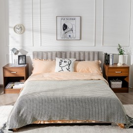 Giantex Walnut Nightstand Set of 2, Farmhouse Bedside Table with Drawer and Open Storage Cabinet, Wood Night Stand, 2-Tier Sofa Side Table for Bedroom Office, Walnut