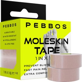 Pebbos Pebbos Moleskin Tape - 1in x 16ft - Blister Prevention Tape, Medical Padding Tape | Water Resistant & Hypoallergenic | Thin Mole Skin Padding & Athletic Tape for Running, Hiking, Walking - 2 Rolls