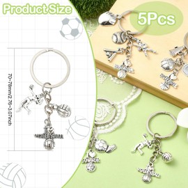 UR URLIFEHALL 5 pcs Alloy Sports Theme Keychain Antique Silver Football Basketball Volleyball Baseball Keyrings for Birthday Party Favors Backpack Key Decorations