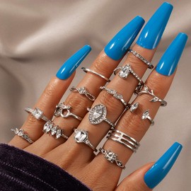 fdsmall Vintage Gemstone Ring Sets, 15pcs Silver Crystal Knuckle Stacking Rings Boho Flower Moon Mid Rings Heart Wave Twist Chain Finger Ring Mid Rings Jewelry for Women
