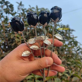 Crystal Rose Gemstone Flower,Crystal Jewelry,Carved Crystal Home Decoration,Reiki Heal,Girlfriend Gift,Mom's Gift,Valentines Gift (Silver stem,2piece rose quartz)