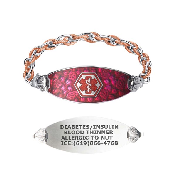 Divoti Custom Engraved Medical Alert Bracelets for Women, Stainless Steel Medical Bracelet, Medical ID Bracelet w/Free Engraving– Blooming Cherry Blossom Tag w/Inter-Mesh Rose Gold/Silver-TP Red-7.5"