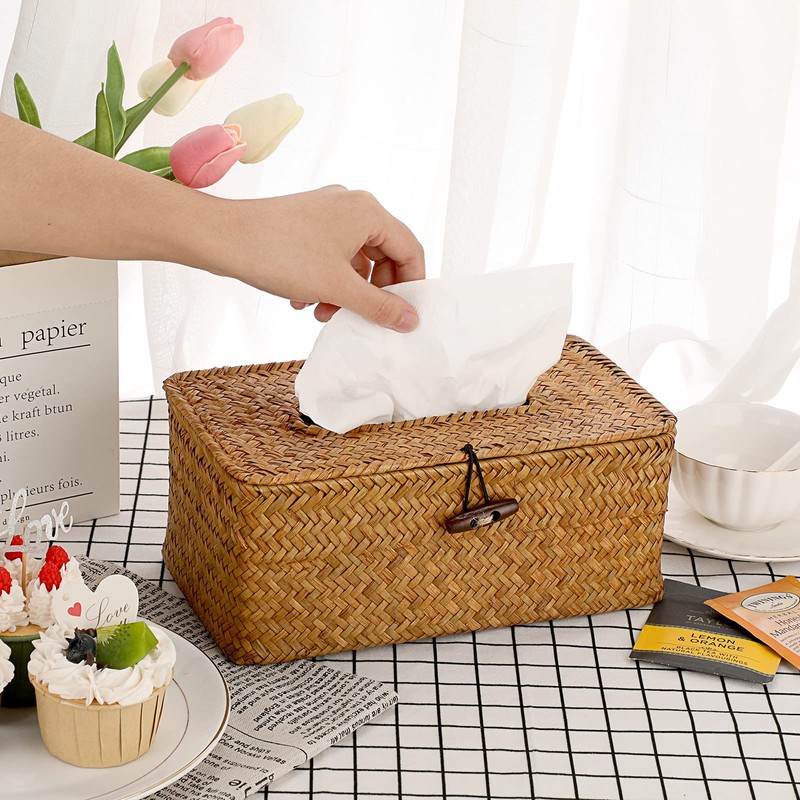 BTSKY Household Rectangular Seagrass Facial Tissue Box - Decorative Woven
