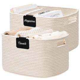 UBBCARE 2 Pack Baskets for Organizing, Woven Storage Baskets with Label for Toys and Towel, Rectangle Cotton Rope Basket with Handles, 15''L x10''W x9''H, Off-White