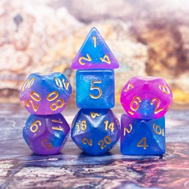 DND Dice Set with Dragon Totem Metal Gife Case, Dungeons and Dragons Dice Set,Polyhedral Dice Set Filled with Shiny Glitters,Role Playing Games and Tabletop Games (Deep Blue&Pink)