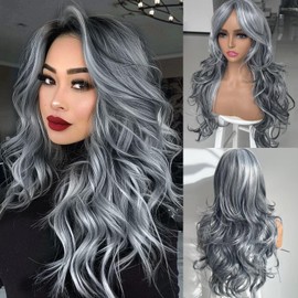 Jadeadyseg Silver Gray Wigs for Women Long Layered Ombre Gray Highlight Wig Synthetic Light Gray with Curtain Bangs for Black White Women Long Ombre Gray Natural Body Wave Middle Part 24Inch