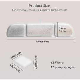 12 Packs Replacement Filters Compatible with Fursink Pet Water Fountain, Filter Replacement for Downy Paws 84oz/2.5L Wireless Cat Water Fountain DPWFP6 with 12 Pump Sponges and 1 Hard Brush