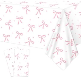 Cunegra 2Pcs Pink Bowknot Birthday Tablecloth Decorations Gingham Party Table Cover Disposable Waterproof Table Cloth Decorations for Picnic Banquet Birthday Tea Party Decorations