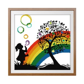 Printed Cross Stitch Kits 11CT 20X20 inch 100% Cotton Holiday Gift DIY Embroidery Starter Kits Easy Patterns Embroidery for Girls Crafts DMC Stamped Supplies Needlework Rainbow Bubble Girl