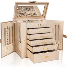 AKOZLIN Huge Jewelry Box Organizer Functional Extra Large Leather Jewelry Storage Case for Women Girls Ring Necklace Earring Bracelet Holder Organizer with Mirror