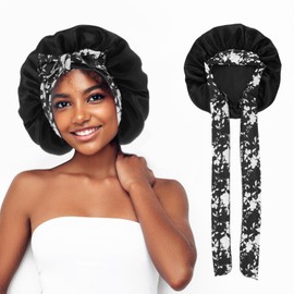 Ouligay Satin Bonnet Hair Bonnet for Bath Silk Bonnet Hair Wrap for Sleeping Tie Band for Women Curly Hair Sleeping(Black)