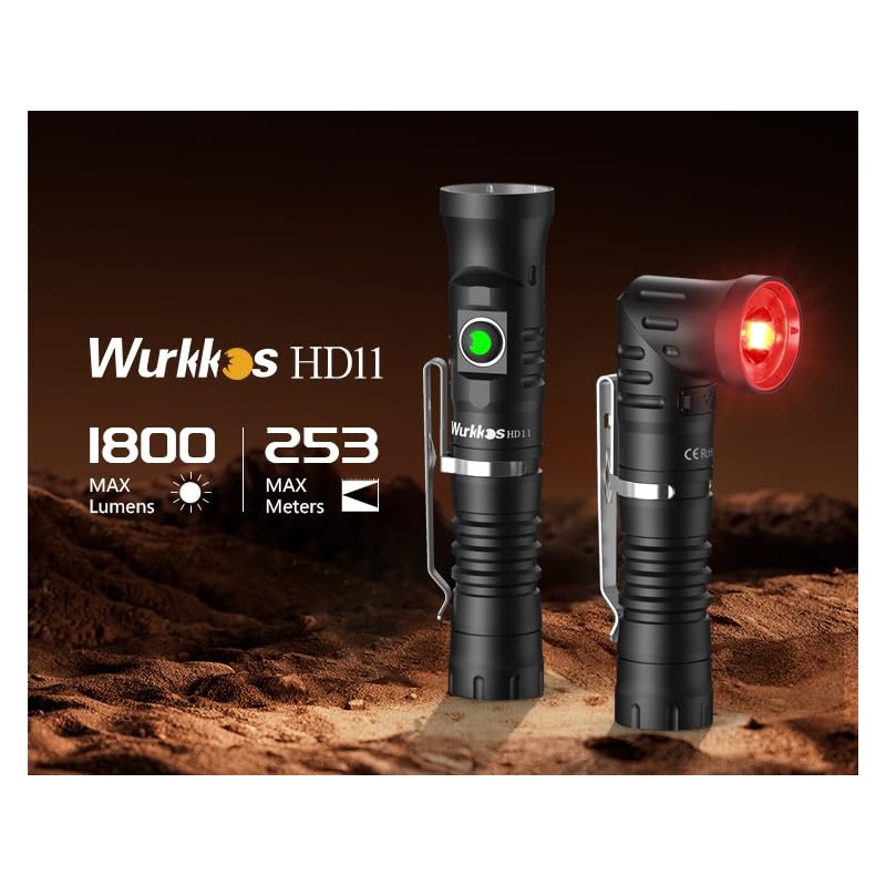 Wurkkos HD11 Right Angle Flashlight with Red Light, 1800 Lumens