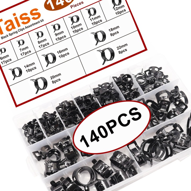 Taiss 140PCS 12 Sizes 6-22mm Black Spring Band Hose Clamp