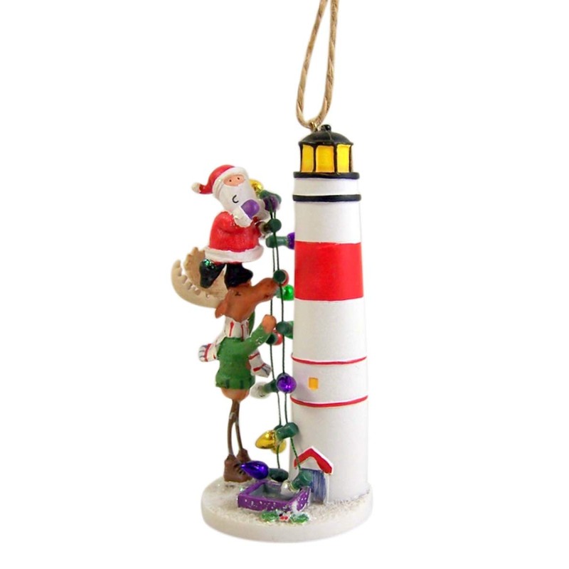 Santa and Moose Decorating Lighthouse Hanging Ornament