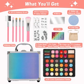 Anpro All-In-One Makeup Carry Case with Pro Teen Makeup Set, Full Starter Cosmetics Kit with Makeup Brushes, Eye Shadows Palette, Blushes, Glitter Gel, Temporary Tattoo Stickers - Pink