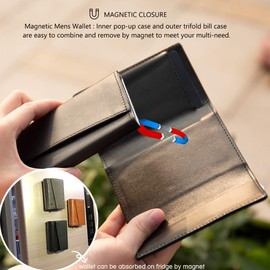 ManChDa Gifts for Father's Day Mens RFID Blocking Leather Strong Magnetic Removable Aluminum Pop-up Card case Money Organizer Trifold Wallet