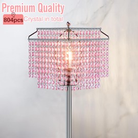Luvkczc Crystal Floor Lamp, 64" Tall Modern Standing Lamps with Double-Layer Lampshade, Floor Lamps with On/Off Foot Switch, Pink Pole Lamp for Living Room, Girl Bedroom, Dresser, Office