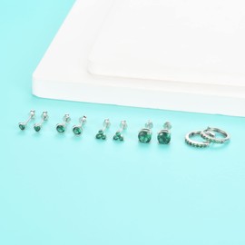 Sterling Silver Studs Earrings Set for Women, 5 Pairs Small Silver Huggie Hoop & Studs Earrings Set | Hypoallergenic Green Cubic Zirconia Earring Jewellery Set for Girls
