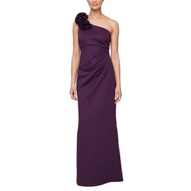 S.L. Fashions Women's Long Length Scuba One Shoulder Gown W/Flower Detail, Wedding Guest Dress, (Petite and Regular Sizes), Plum