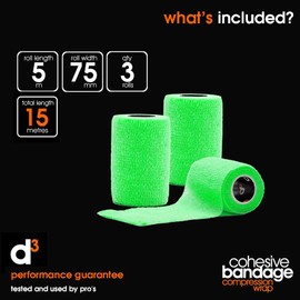 d3 Cohesive Bandage Lime Green 75mm x 5m (3 Rolls) Compression Football Sock Wrap Shinguard Ankle Strapping Sports Wrist Pet & Vet Wrap Joint Support