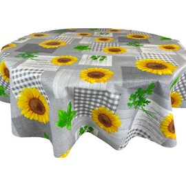 Karina Home Grey and Yellow Sunflower Wipe Clean Tablecloth Vinyl PVC Table Cover Wipeable Table Cloth (Grey, Round 138cm)