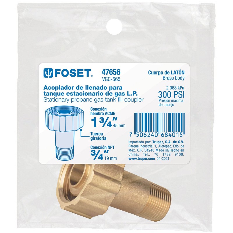 Foset VGC-565, Acoplador llenado para tanque estacionario, ACME 1-3/4x3/4" NPT