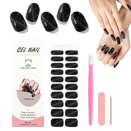 WOKOTO Semi Cured Gel Nail Strips, 20 Pcs Black Cat Eye Semi Cured Gel Nail Stickers Full Nail Wraps For Women With Nail File & Wood Stick, UV Light Required, Salon Quality, Easy to Apply&Remove