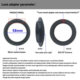 58 mm EF retroadapter macro reverse ring adapter ring. For EF-S cameras T6s (760D), T7i, T6, SL1(100D) and XS (1000D), 60D, 70D, 77D, 80D, 10D, 20D, 30D, 40D, 50D, 5D