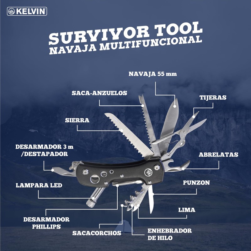 Navaja multifuncional negra, 13 accesorios en 1, survivor tool Kelvin,