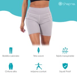 Thefne Short Corto para Mujer con Bolsas Laterales. Short Yoga Deportivo para Mujer. Ligero y Transpirable. Ropa Deportiva para Mujer. Leggins/Leggings Cortos para Bailar, Crossfit y Gym. (Gris, M)