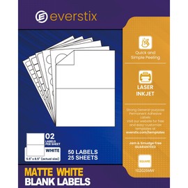 5.5" x 8.5", 25 Sheets, 50 Printable Half Sheet Labels, Blank Mailing Labels for Laser & Inkjet Printers, Letter Size