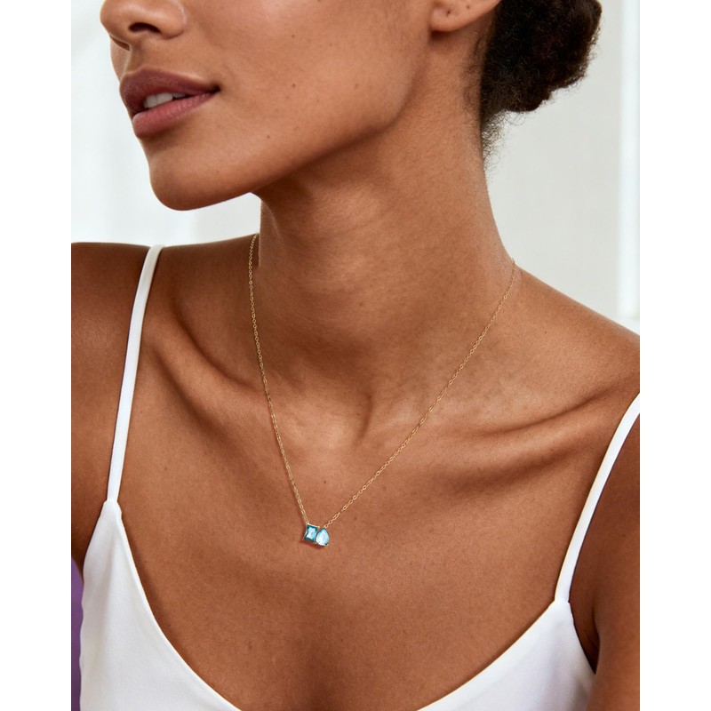 Desnuage 14K Gold Plated Double Aquamarine Birthstone Necklace Dainty Square