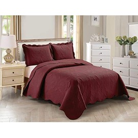 Home Collection 2pc Twin/Twin XL Over Size Elegant Embossed Bedspread Set Light Weight Solid Burgundy New