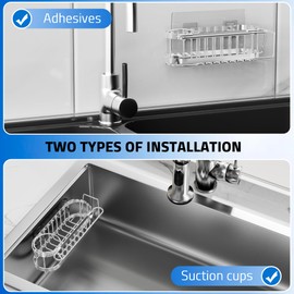 Cisily Kitchen Sink Caddy Sponge Holder in The Sink, Stainless Steel Kitchen Sink Organizer, Brush Holder, Dish Cloth Hanger, Sink Stopper Holder with 2 Installation Ways (Suction & Adhesives, Silver