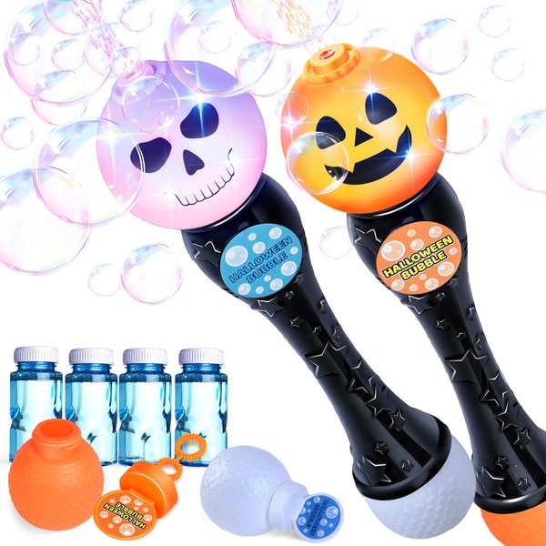 OleFun 2 Pack Halloween Light Up Bubble Blower Wands, Pumpkin & Ghost Glowing Bubble Machine with 4 Bubble Solutions, Ideal Halloween Toys for Kids, Halloween Party Favors, Goodie Bags Stuffers