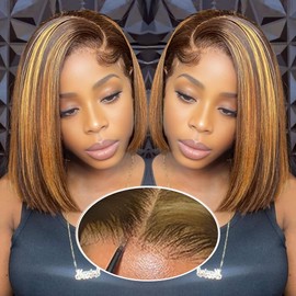 GUDOZO Ombre Glueless Wigs Human Hair Pre Plucked Pre Cut 200% Density Bob Wig Human Hair Glueless 4/27 Highlight Honey Blonde Lace Front Bob Wigs Human Hair 9x6 HD Lace Front Wigs Human Hair 10inch