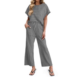 Tankaneo Womens Striped 2 Piece Sets Short Sleeve T Shirts Wide Leg Pants Matching Lounge Set with Pockets