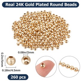 Beebeecraft 1 Box 260Pcs Round Spacer Beads 24K Gold Plated Brass 5mm Smooth Loose Ball Beads for Jewellery Making Charms Findings DIY Craft
