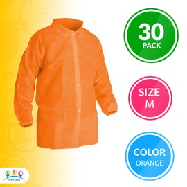 ABC Orange Disposable Lab Jackets for Adults, Medium. Pack of 30 Polypropylene Disposable Jacket Lab Coat with Elastic Wrists, Snap Front, Collar. Durable Lightweight Disposable Medical Jackets