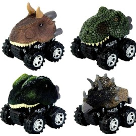 Unbranded Pull Back Dinosaur Cars 4-Pack – Big Tire Toy Vehicles for Kids Ages 3-14