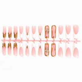 MISUD Press on Nails Long Square Fake Nails Glossy Glue on Nails 3D Gold French Tip Acrylic Nails Squoval Artificial Nails Cross Rhinestone Stick on False Nails with Design 24 pcs
