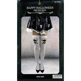 White Knee High Stockings with Skull and Crossbones Design - One Size Fits All