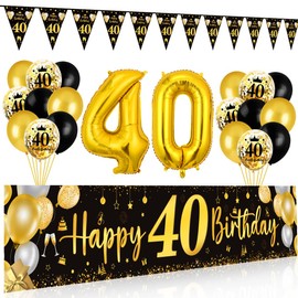 40th Birthday Decoration Man Woman, 40th Happy Birthday Banner Black Gold, Balloons 40th Birthday Pennant Garland, Decoration 40th Birthday Background Balloons Black Gold for Men Women Party